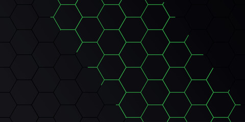 Abstract background with hexagon pattern design and shining green light lines. Modern and futuristic hexagonal style concept for covers, presentations, certificates, marketing and websites. EPS. 2