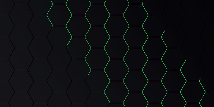 Abstract background with hexagon pattern design and shining green light lines. Modern and futuristic hexagonal style concept for covers, presentations, certificates, marketing and websites. EPS. 2