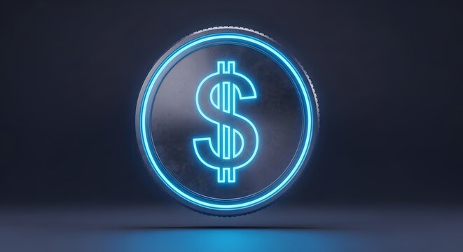 Glowing digital dollar metal coin with futuristic blue neon effect floating on dark background