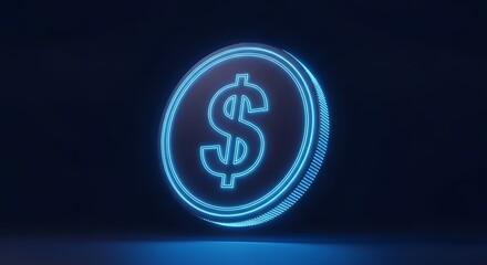 Modern dollar currency symbol design neon blue round with money logo symbolizing financial technology and digital economic innovation