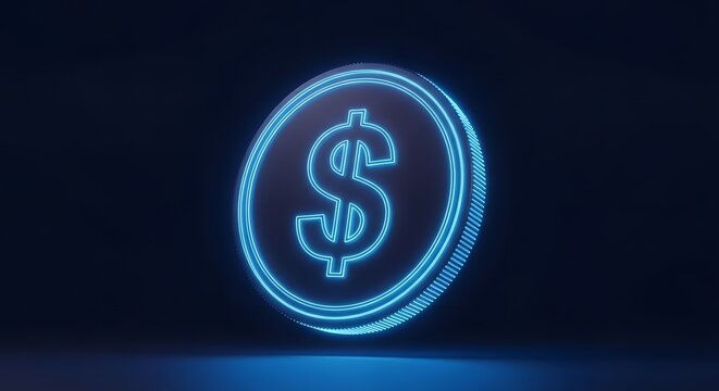 Modern dollar currency symbol design neon blue round with money logo symbolizing financial technology and digital economic innovation