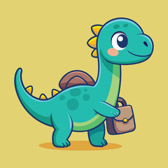 Fototapeta premium Cute cartoon dinosaur with backpack and briefcase going to school
