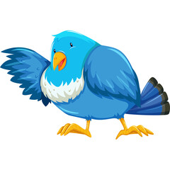 Chubby Blue Bird Waving Wing with Orange Beak and White Chest Feathers Standing on Yellow Legs Against Transparent Background Detailed Pixel Art Style