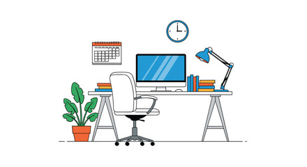 A functional modern home office setup with a desk computer chair plant and clock.