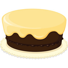 Chocolate Layer Cake with Creamy Yellow Frosting on a White Doily Detailed Pastry Illustration