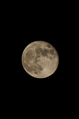 Close-up detailed photograph of the full moon against a deep black night sky showing craters, lunar surface texture, and natural moonlight