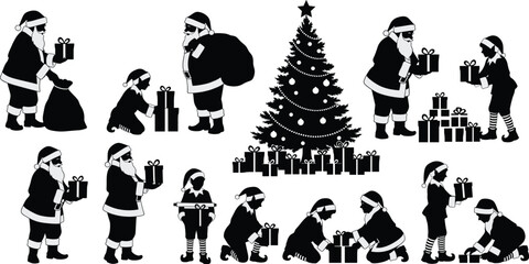 Santa and elves silhouette, Christmas tree, gift exchange, festive teamwork, holiday spirit, joyful scene, winter celebration, ornament decor – flavector