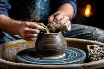 Creating a beautiful pottery piece on a wheel during an evening workshop