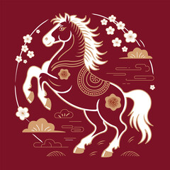 Stylized horse with flowers and clouds on red background