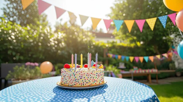 Festive Birthday Cake in Garden: A vibrantly decorated birthday cake adorned with lit candles sits centered atop a blue-patterned table, a joyful emblem of celebration in a colorful garden.