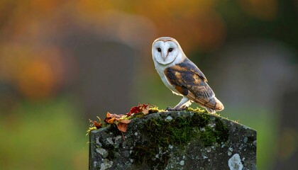 Barn owl perched atop stone pillar, autumn colors blurring background