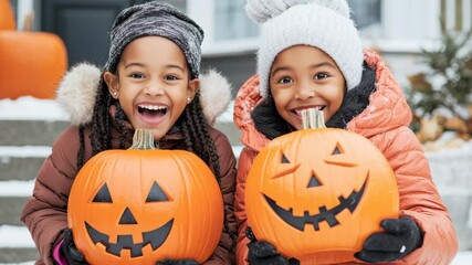 Joyful Halloween Duo: Two young girls, filled with delight, showcase their carved pumpkins, ready for a night of trick-or-treating during the Halloween season. - Powered by Adobe
