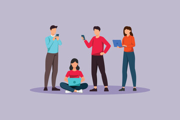 online community with members holding gadgets. community concept. colored flat vector illustration isolated