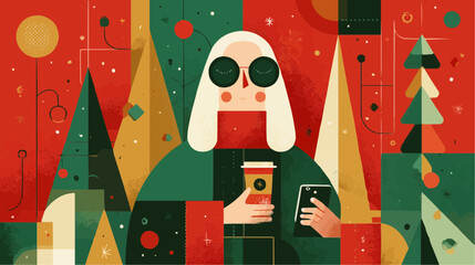 Abstract stylish Mrs Claus with sunglasses and smartphone among geometric Christmas trees for modern holiday branding and trendy festive posters