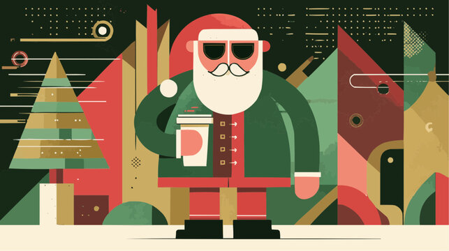 Abstract funny Santa in sunglasses with hot cocoa and disco lights for trendy holiday packaging and festive posters