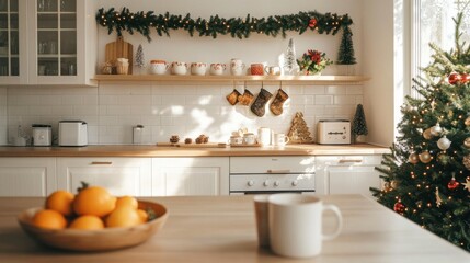 Modern bright kitchen decorated for Christmas with garlands tree gifts and cozy festive morning light