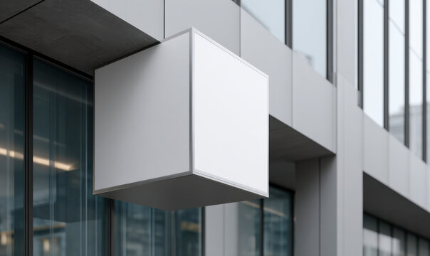 A white cube hangs outside a modern building, providing a clean, blank space.