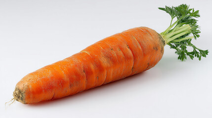 A single carrot with green leaves on a white background in a studio setting with soft lighting