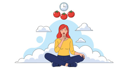 A woman meditates with tomatoes and a clock above her head in a serene setting with clouds.