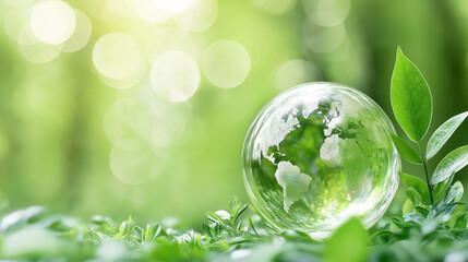 Glass globe green leaf nature environment sustainability eco friendly earth conservation growth fresh symbolizing hope and harmony in lush natural setting