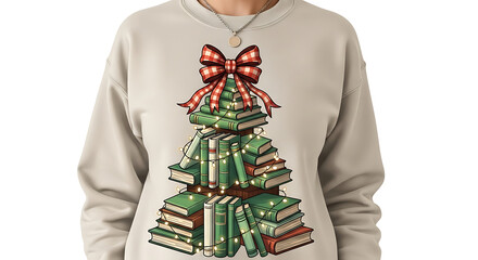 A person wears a sweatshirt decorated with a Christmas tree made of books and fairy lights.