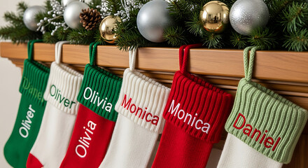 Six Christmas stockings hang from a mantelpiece, each personalized with a name.