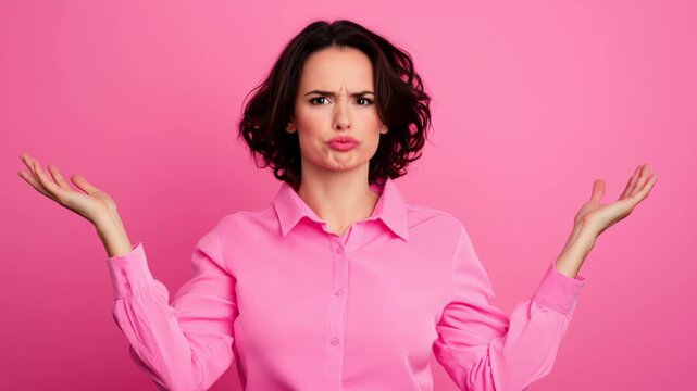 Uncertainty in Pink: A woman with a doubtful expression is shrugging her shoulders. This image can be used to convey a variety of emotions such as doubt, confusion, or indecision.