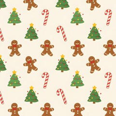 Cute Christmas Ornament Seamless Design Background with Christmas Tree, Candy Cane, and Ginger Bread Man Illustration
