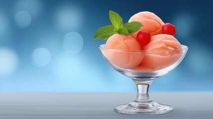 Peach sorbet glass dessert bowl mint leaf red cherry refreshing summer treat blue background sweet cold creamy delicious