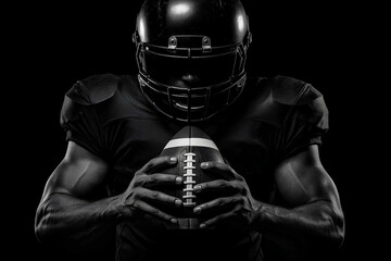 Dramatic portrait of American football player holding ball in dark studio lighting