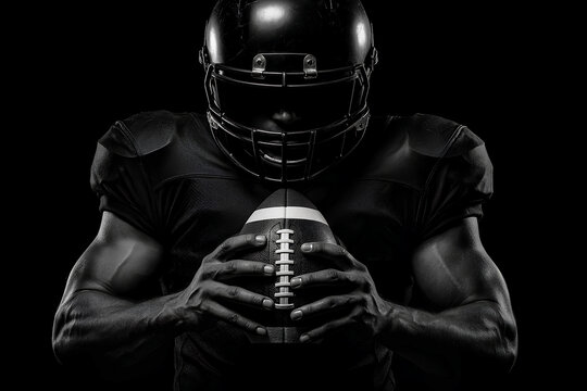 Dramatic portrait of American football player holding ball in dark studio lighting