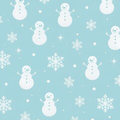Cozy Christmas Holiday Seamless Design With White Snowman and Snowflakes on Light Blue Background