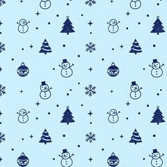 Blue navy Christmas and Winter Holiday Seamless Background With Christmas tree, snowman, ornaments and Stars