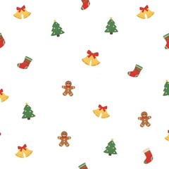 Seamless Christmas Pattern Background With Colorful Cartoon Festive Elements on White
