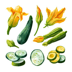 An EPS format illustration, vector, simple flat 2D icon, minimalist design, icon set, A Simple 2D Vibrant Field Zucchini slices and flowers Collection illustration isolated on a white background