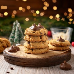 Collection of photos featuring festive peanut butter blossoms cookies with chocolate kisses, cozy holiday baking, soft golden cookies, Christmas treats, warm kitchen glow, and seasonal dessert styling