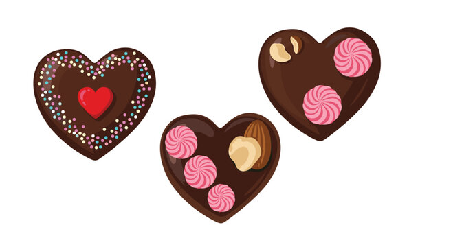 Three heart shaped chocolates with decorative toppings and fillings for celebrating love and sweetness.