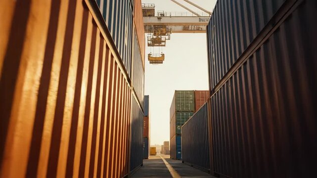 Golden light illuminating rows of stacked containers at a busy commercial shipping port.