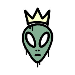 Illustration of alien with crown, in graffiti style on white