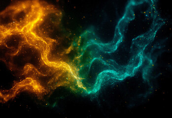 A vibrant abstract space scene featuring swirling orange and teal blue gas clouds in a nebula, dotted with stars against a velvet background, evoking cosmic energy and wonder