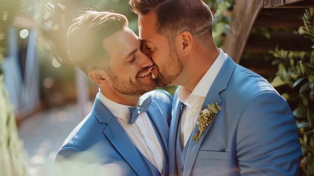 Joyful union of love: Capturing a tender moment between two grooms at their wedding, where a serene embrace embodies the beginning of their journey. 