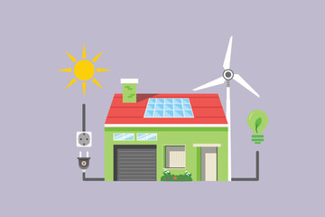 sustainability home house with turbine and solar power. sustainability home concept. colored flat vector illustration isolated