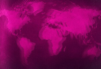 Abstract magenta world map with halftone texture and luminous color gradient, featuring continents in a bold, artistic style for travel, geography education, and modern decor.