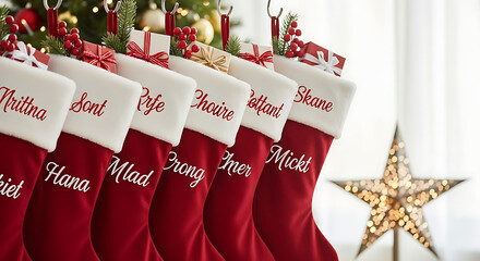 Christmas stockings hang on a mantelpiece next to a decorated tree and a star lamp.
