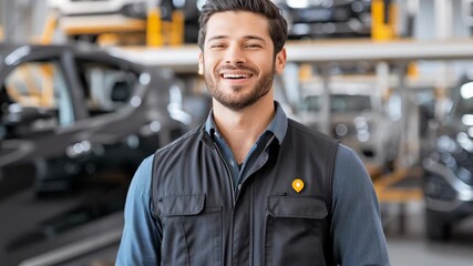 Friendly face in automotive service: A cheerful auto mechanic, radiating confidence and expertise, stands amidst a bustling workshop setting, highlighting the dedication to quality car care.