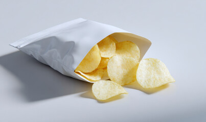 Crispy potato chips spilling from an open white bag on a light surface.