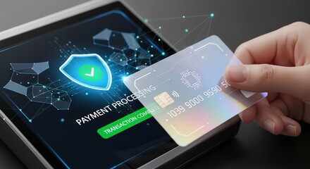 Secure digital payment transaction completing successfully with credit card and modern technology interface showing transaction complete confirmation