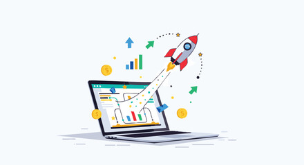 Obraz premium Business Vector Illustration with Rocket Launching from Laptop Screen for Startup Success Modern Graphic