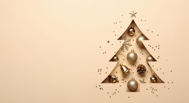 Elegant Golden Christmas Tree Flat Lay with Ornaments