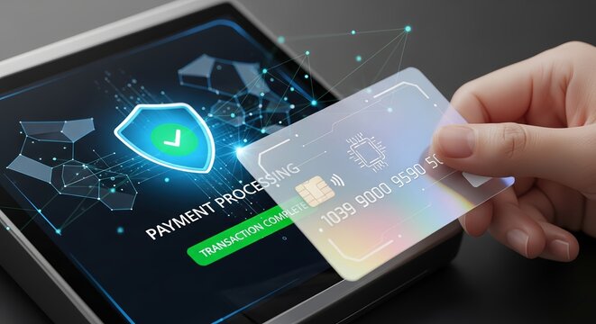 Secure digital payment transaction completing successfully with credit card and modern technology interface showing transaction complete confirmation - Powered by Adobe